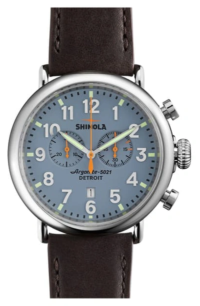 Shop Shinola The Runwell Chrono Leather Strap Watch, 47mm In Brown/ Slate Blue/ Silver