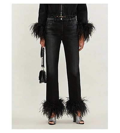 Shop Prada Feather-trimmed Straight High-rise Jeans In Black Black