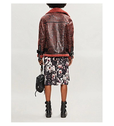 Shop Allsaints Hawley Leather And Shearling Jacket In Raspberry Pink