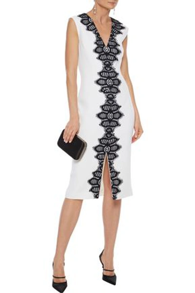 Shop Lela Rose Corded Lace-paneled Wool-blend Crepe Dress In Ivory