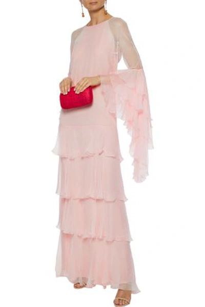 Shop Andrew Gn Tiered Ruffled Silk-georgette Gown In Baby Pink