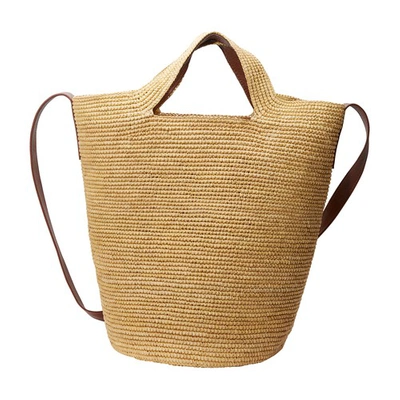 Shop Sensi Studio Large Beach Bag In Beige Straw / Cognac Leather