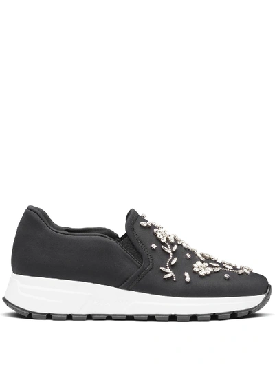 Shop Prada Crystal-embellished Slip-on Sneakers In Black