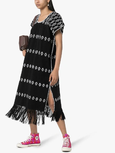 Pippa Holt Embroidered Fringe-hem Kaftan Dress In Black