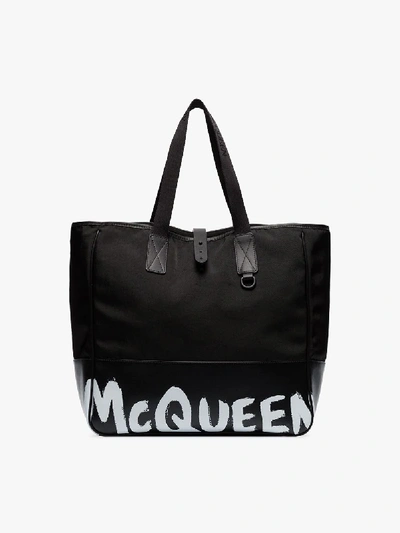 Shop Alexander Mcqueen Black Shopper 35 Logo Tote Bag