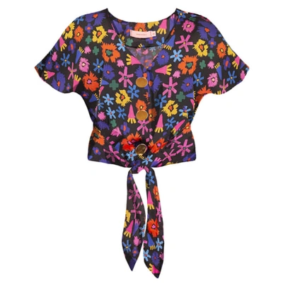 Shop Tomcsanyi Palma Tie Front Button Top ‘doodle Flower' In Multicolour