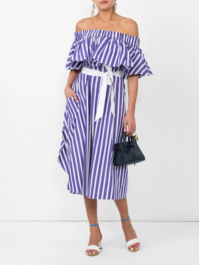 Shop Maisonrabihkayrouz Purple Striped Off-shoulder Dress Purple