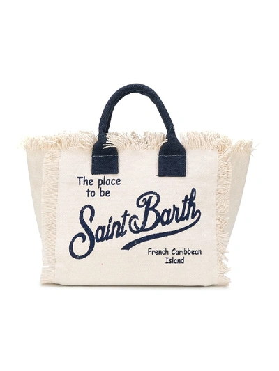 Shop Mc2 Saint Barth Fringed Logo-print Beach Bag In White