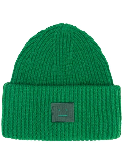 Shop Acne Studios Face-motif Logo-patch Beanie Hat In Green