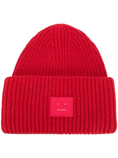 Shop Acne Studios Face-motif Logo-patch Beanie Hat In Red