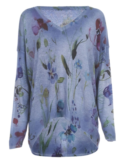Shop Avant Toi Over V Neck Pullover W/flowers Print And Shadows In Blu