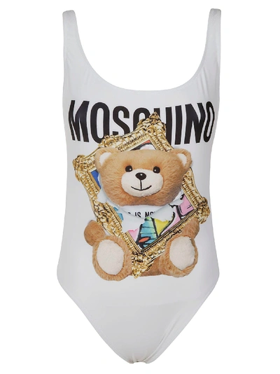 Shop Moschino Bear Logo Print One-piece Swimsuit In White