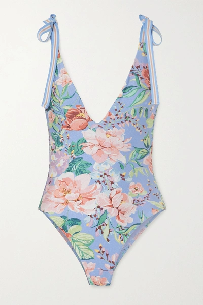 Shop Zimmermann Bellitude Floral-print Swimsuit In Light Blue