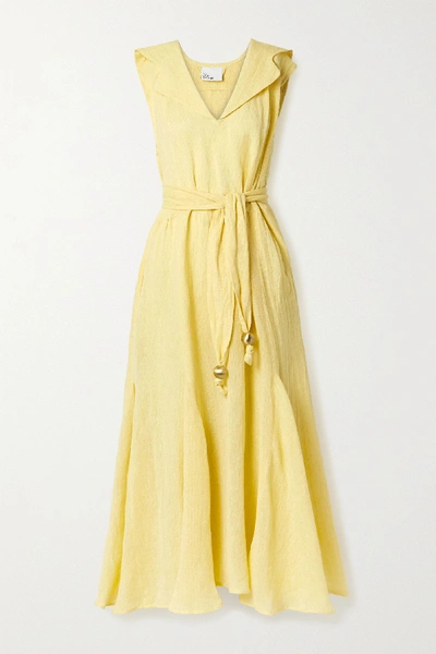 Shop Lisa Marie Fernandez Marguerite Belted Metallic Linen-blend Gauze Midi Dress In Yellow