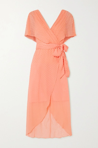 Shop Alice And Olivia Darva Belted Wrap-effect Swiss-dot Silk And Cotton-blend Midi Dress In Peach