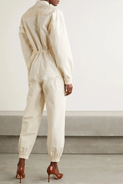 Shop Gucci Appliquéd Grosgrain-trimmed Cotton Jumpsuit In Ivory