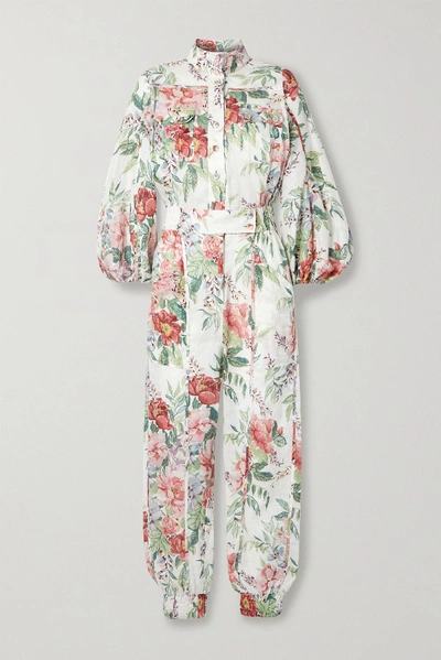 Shop Zimmermann Bellitude Floral-print Linen Jumpsuit In Ivory