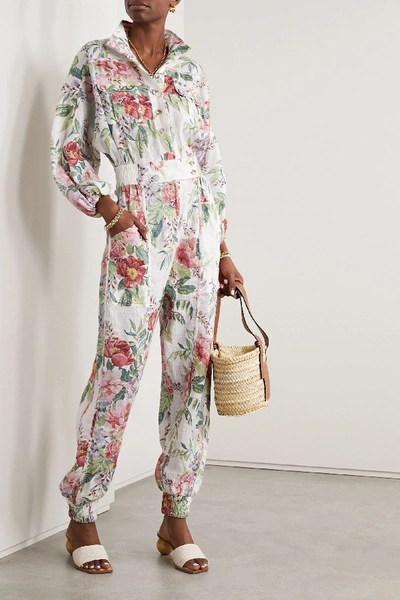 Shop Zimmermann Bellitude Floral-print Linen Jumpsuit In Ivory