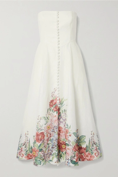Shop Zimmermann Bellitude Strapless Floral-print Linen Midi Dress In Ivory