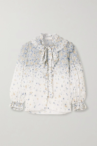 Shop Zimmermann Carnaby Pussy-bow Ruffled Floral-print Ramie Blouse In Ivory