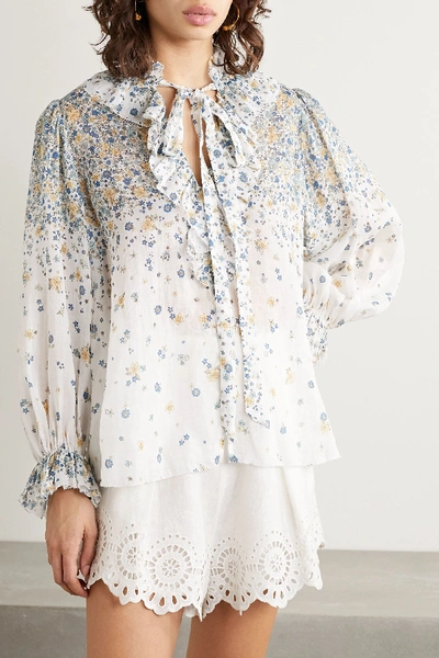 Shop Zimmermann Carnaby Pussy-bow Ruffled Floral-print Ramie Blouse In Ivory