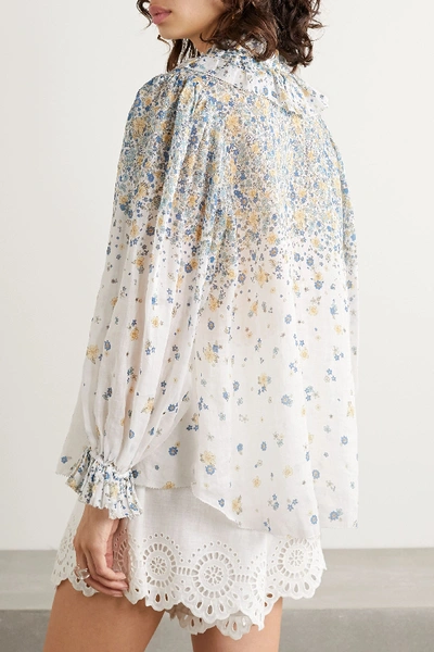 Shop Zimmermann Carnaby Pussy-bow Ruffled Floral-print Ramie Blouse In Ivory