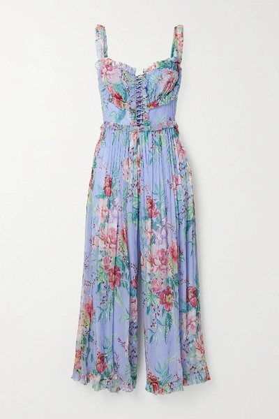 Shop Zimmermann Bellitude Cutout Ruffled Floral-print Silk-crepon Jumpsuit In Light Blue