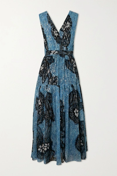 Shop Ulla Johnson Adora Printed Fil Coupé Silk-chiffon Midi Dress In Blue