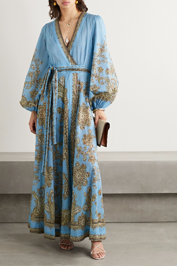 Zimmermann Fiesta Belted Paisleyprint Linen Wrap Maxi Dress In Blue