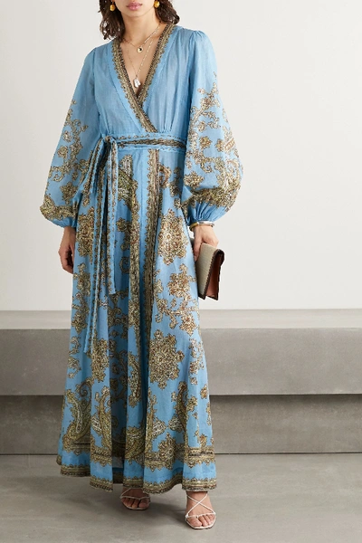 Shop Zimmermann Fiesta Belted Paisley-print Linen Wrap Maxi Dress In Blue