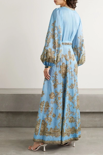 Shop Zimmermann Fiesta Belted Paisley-print Linen Wrap Maxi Dress In Blue