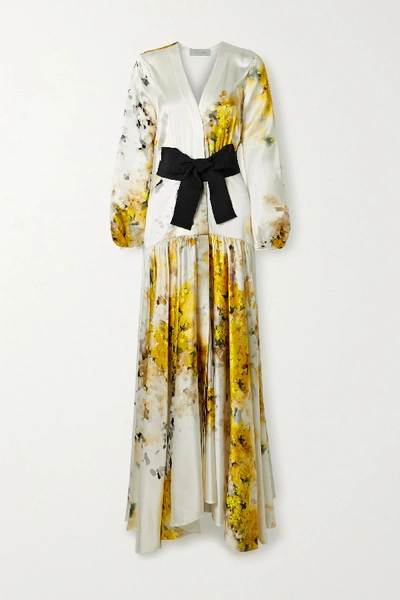 Shop Silvia Tcherassi Felicity Belted Floral-print Silk-blend Satin Gown In White