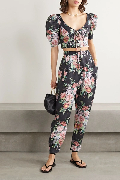 Shop Zimmermann Bellitude Floral-print Linen Tapered Pants In Navy