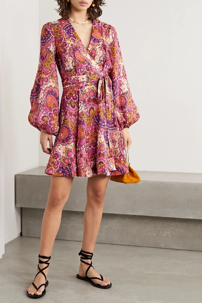 Shop Zimmermann Fiesta Paisley-print Linen Wrap Mini Dress In Pink