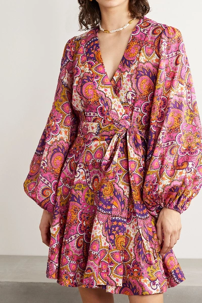 Shop Zimmermann Fiesta Paisley-print Linen Wrap Mini Dress In Pink