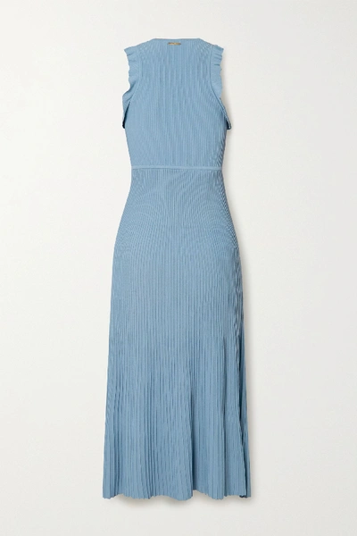 Shop Michael Michael Kors Ruffle-trimmed Ribbed-knit Midi Dress In Blue