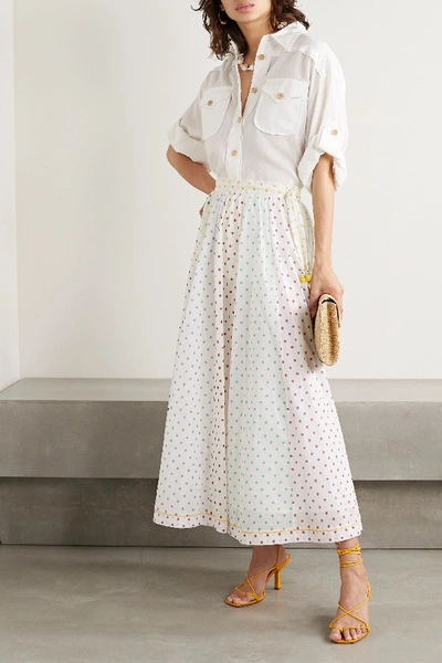 Shop Zimmermann Bellitude Tasseled Paneled Polka-dot Cotton-voile Midi Skirt In Ivory