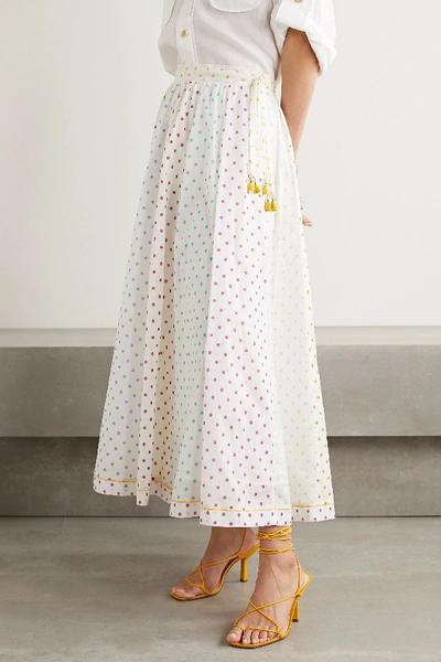 Shop Zimmermann Bellitude Tasseled Paneled Polka-dot Cotton-voile Midi Skirt In Ivory