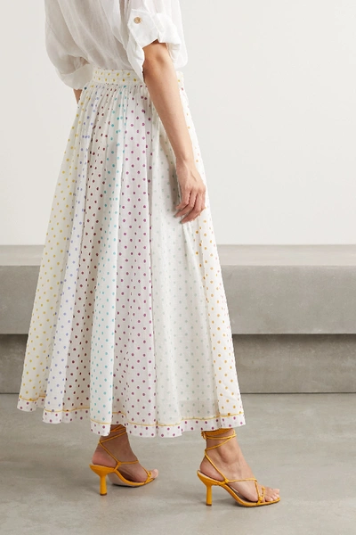 Shop Zimmermann Bellitude Tasseled Paneled Polka-dot Cotton-voile Midi Skirt In Ivory