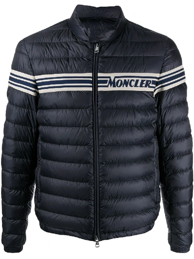Shop Moncler Logo Stripe Padded Jacket In Blue
