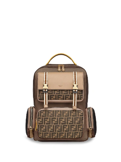 Shop Fendi Ff Motif Multi-pocket Nylon Backpack In Brown