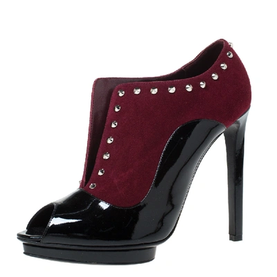 Pre-owned Alexander Mcqueen Burgundy/black Suede And Patent Studded Platform Slip On Ankle Boots Size 40