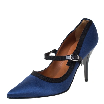Pre-owned Lanvin Blue/black Satin Mary Jane Pointed Toe Pumps Size 38