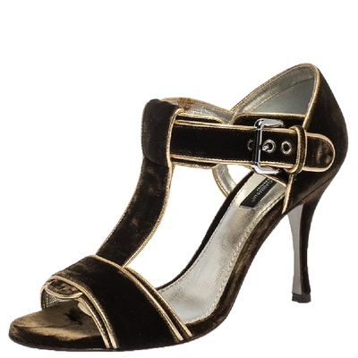 Pre-owned Dolce & Gabbana Dolce & Gabanna Dark Brown/gold Velvet And Leather Trim T-bar Sandals Size 37