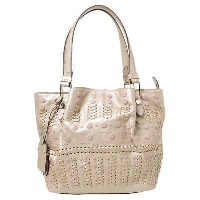 Pre-owned Tod's Metallic Beige Leather Small Studded Flower Tote