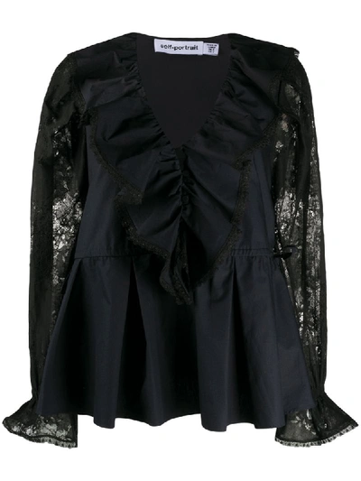 Shop Self-portrait Ruffled Lace-sleeve Blouse In Black