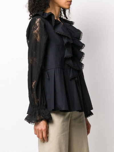 Shop Self-portrait Ruffled Lace-sleeve Blouse In Black