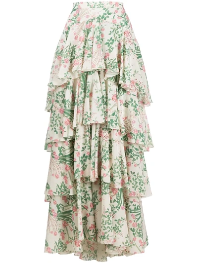 Shop Giambattista Valli Ruffled Floral-print Silk Skirt In White