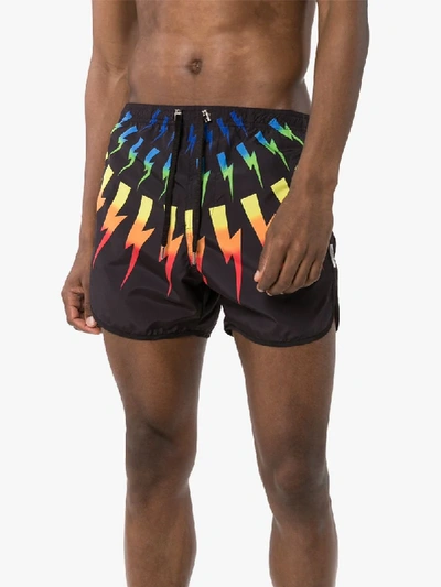 Shop Neil Barrett Rainbow Lightning Bolt Swim Shorts In Black