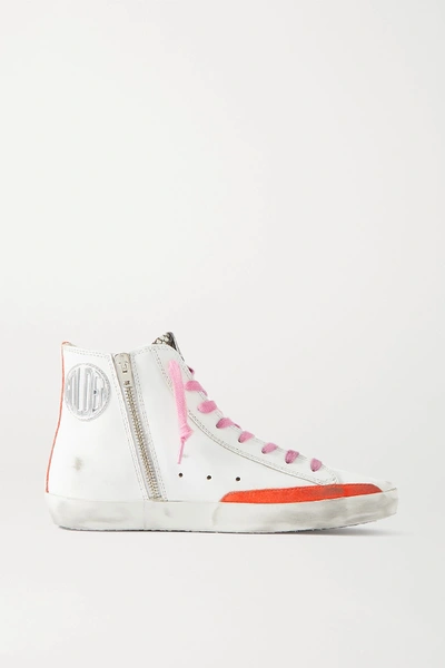 Shop Golden Goose Francy Glittered Distressed Leather And Suede High-top Sneakers In White